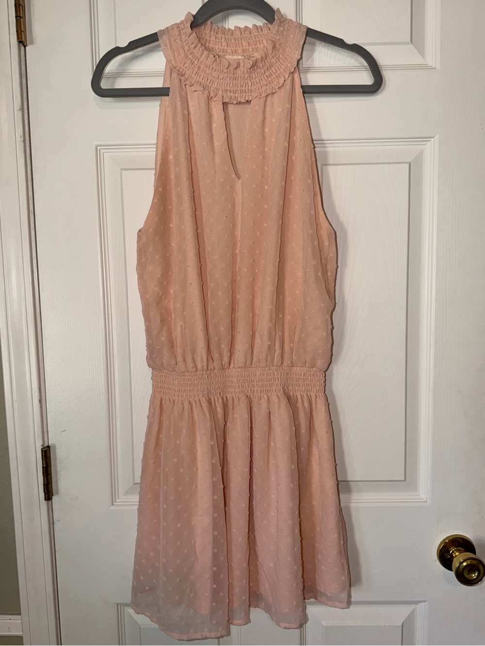 entro Soft Blush Pink Swiss Dot Smocked Waist Halter Dress